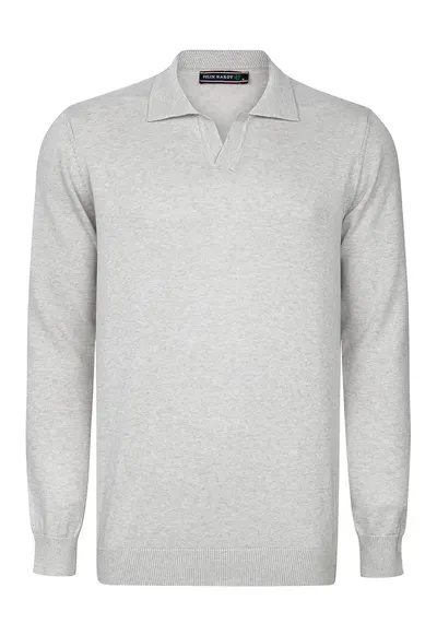 Pulover polo de bumbac cu model uni - Gri deschis melange
