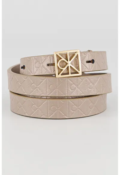 Curea de piele cu model monograma - Maro taupe deschis