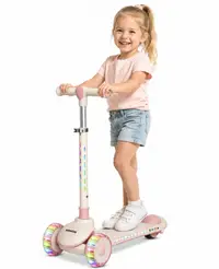 Trotineta pliabila pentru copii Nichiduta Rainbow Rider Pink, cu functii muzicale si lumini LED, ghidon reglabil, manere ergonomice, frana pe roata din spate, dimensiune 60 x 84 cm
