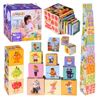 Cuburi educative cu multiple moduri de aranjare, 10 piese, 18 luni+