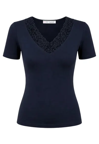 Tricou dama - bluza din dantela cu decolteu in V - croiala slim - albastru marin - captusit