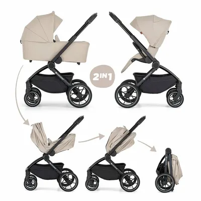 Carucior 2 in 1 pentru copii PetiteMars Scout Bej cu landou pliabil, reversibil, spatar si suport de picioare reglabile, maner ajustabil, accesorii, pana la 22 kg, 0 luni+