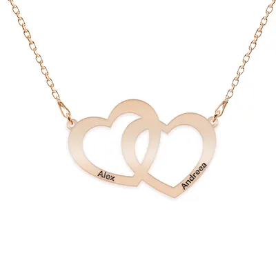 Edith - Colier personalizat cu doua inimioare unite si nume din argint 925 placat cu aur roz