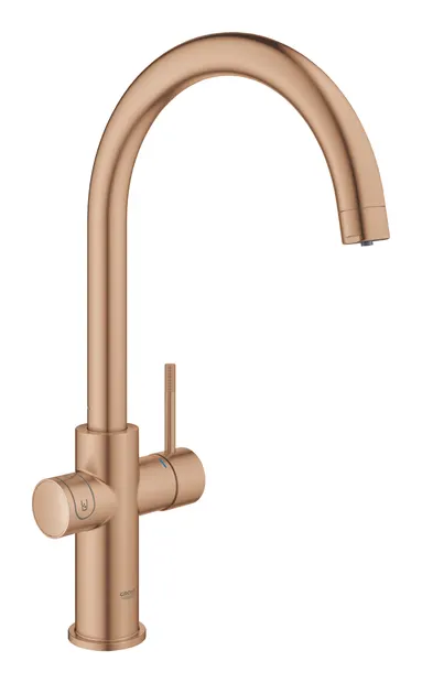 Baterie bucatarie Grohe Blue Home 31455DL1, 3/8, monocomanda, tip C, pipa inalta, filtare, racire, apa carbogazoasa, pivotanta, limitator, mat, Warm Sunset
