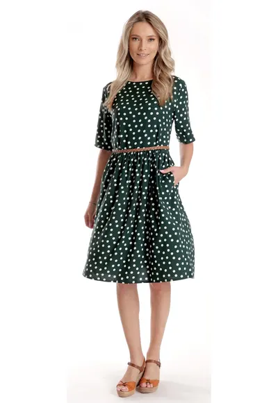 Rochie Medie Dama V273 - Verde inchis cu buline albe