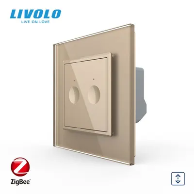Intrerupator dublu tactil, control draperie, Protocol Zigbee, cu rama sticla Auriu