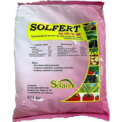 Solfert 30-10-10 1kg, ingrasamant foliar tip NPK+microelemente, Solarex, ajuta dezvoltarea foliara, crestere cantitativa a productiei - Default Title