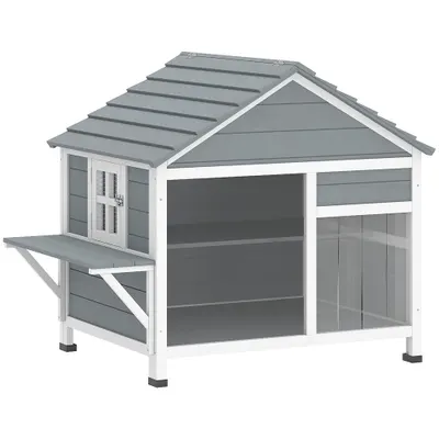 PawHut Casă pentru Pisici Exterioară cu Acoperiș Deschizabil, Fereastră Panoramică, Ușă cu Obloane și Platformă de Odihnă 101x72,5x81cm Gri | Aosom Romania