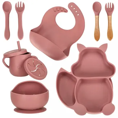 Set diversificare hrana bebelusi, Ikonka, cu 9 elemente din silicon, flexibile fara BPA, dark pink Squirrel