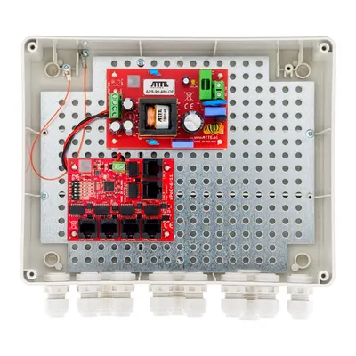 Kit switch PoE pentru 5 camere IP ATTE Power IP-5-11-L2, 6 porturi, 96 W, cutie exterior ABOX-L2, long range, sigurante electronice, sursa alimentare