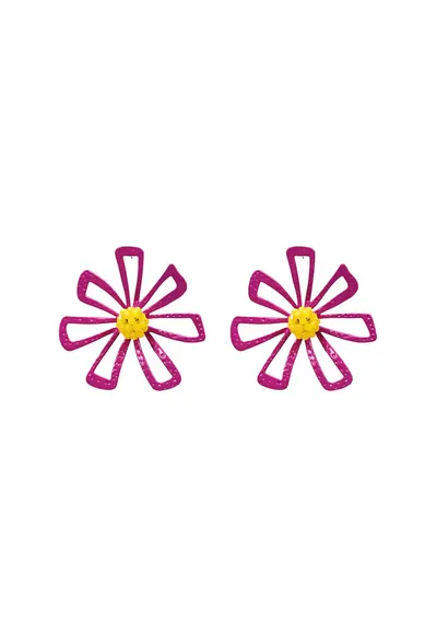 Cercei roz - forma de floare - cu margelute galbene - Traute C2