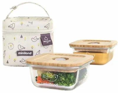 Set de recipiente ecologice cu geantă frigorifică Miniland - Bird, 2 x 210 ml