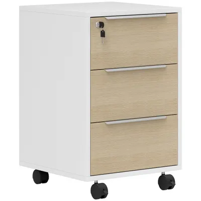 HOMCOM Dulap de Birou cu 3 Sertare, 4 Roți, Comodă de Birou cu Sistem de Blocare și 2 Chei pentru Documente Format A4, Dulap Vertical pentru Studiu, 40x40x63.5 cm, Alb și Stejar | Aosom Romania