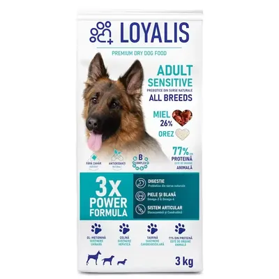 Hrana uscata premium, Loyalis, Adult, Sensitive, Miel, 3 kg