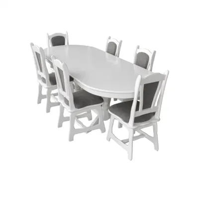 Set masa extensibila EUROPA ovala cu 6 scaune IZA stofa gri, lemn masiv, alb, 160 240x90x70 cm