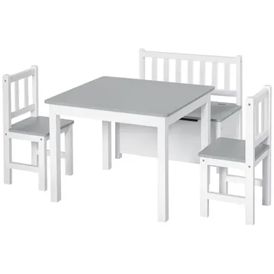 HOMCOM Set Mobilier pentru Copii 4 Piese, Masă, 2 Scaune, Bancă Depozitare, Lemn Multifuncțional, Alb și Gri | Aosom Romania