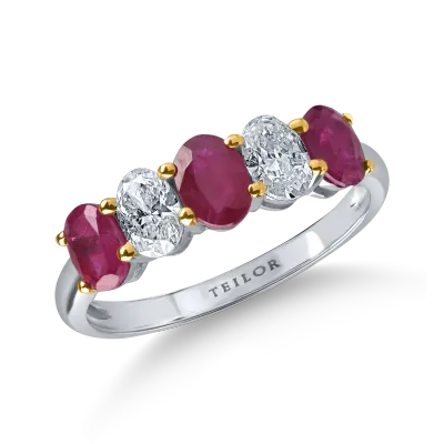 Inel din aur alb cu rubine ovale tratate de 1.05ct si diamante de 0.6ct