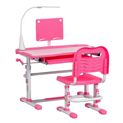 HOMCOM Birou pentru Copii cu Scaun Reglabil, Masă cu Sertar, Lampă și Suprafață Înclinabilă, 80x49,5x82-104 cm, Roz | Aosom Romania