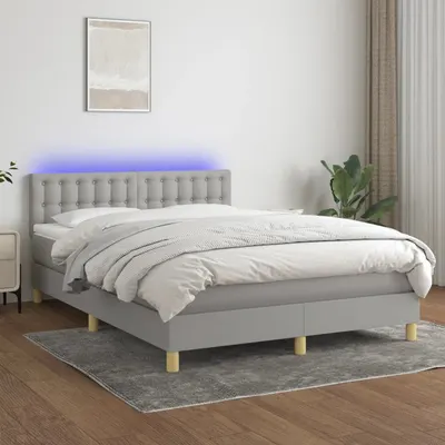 vidaXL Pat cu arcuri, saltea și LED, gri deschis, 140x200 cm, textil