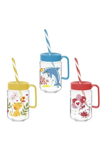 Cana limonada sticla cu capac si pai 370 ml - Borcane servire bauturi /pahare limo En-gross