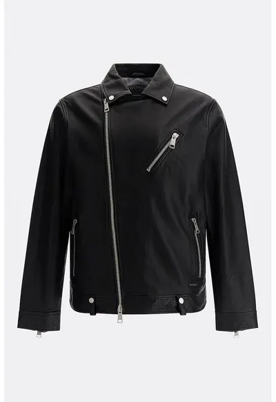 Jacheta biker de piele cu buzunare cu fermoar - Negru