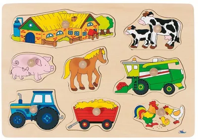 Puzzle din lemn cu mânere Goki - Fermă