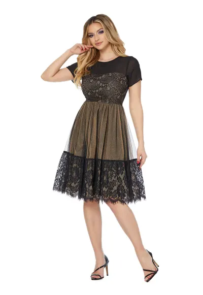 Rochie cu segmente de dantela Grace - Negru/Kaki