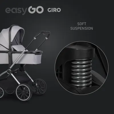 Carucior pentru copii 2 in 1 Easy Go Giro, pana la 22 kg, cu landou 80 cm, Maner telescopic, copertina XXL, pliere tip pendul, cadru ultra-usor din aluminiu, accesorii incluse, Cloud Grey