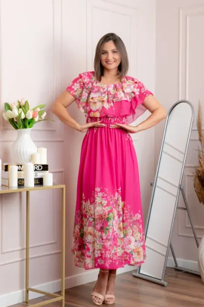 Rochie eleganta lunga Ayana cu imprimeri florale si volane ample - Ciclam