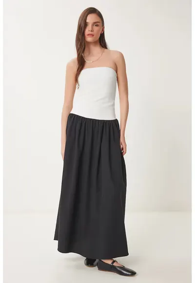 Rochie Maxi Fara Bretele Happiness Istanbul Color Blocked - Alb - Bumbac - Elegant