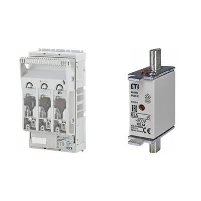 Pachet Protectie Circuit Trifazat: Soclu Siguranta Fuzibila NH00 3P (M8/M8), Siguranta Fuzibila NH000 gG 63A 500V
