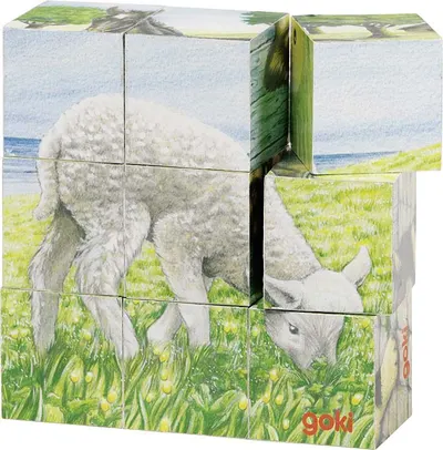 Cubulete din lemn Goki - Animalele din ferma, 9 piese