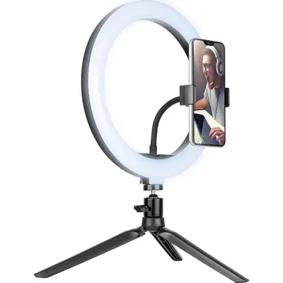 Ring Light, Lampa circulara LED 26cm, cu stativ de masa si suport telefon