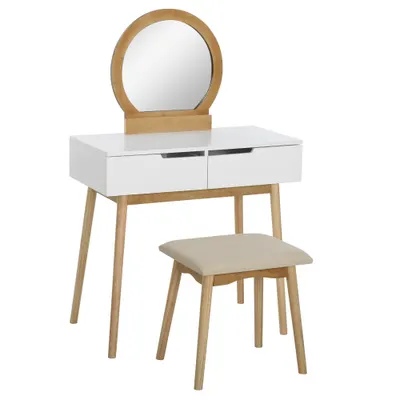 HOMCOM Coafetoare Design scandinav Masă de Machiaj cu Oglindă, 2 sertare și Taburet Alb pin Deschis | Aosom Romania