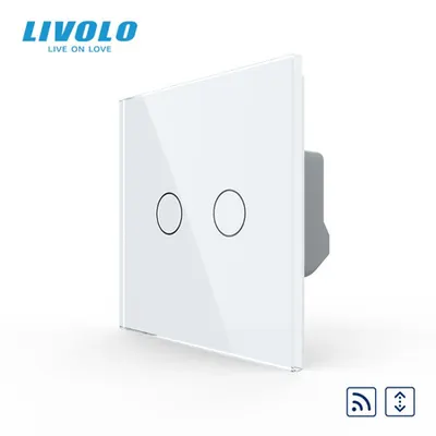 Intrerupator dublu tactil, control draperie, wireless - control din telecomanda RF, cu panou sticla, Generatia Noua Alb