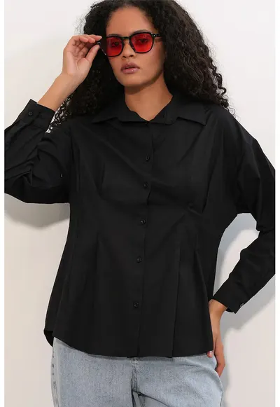 Camasa cambrata cu nasturi - neagra - din poplin - bumbac - poliester - elastan