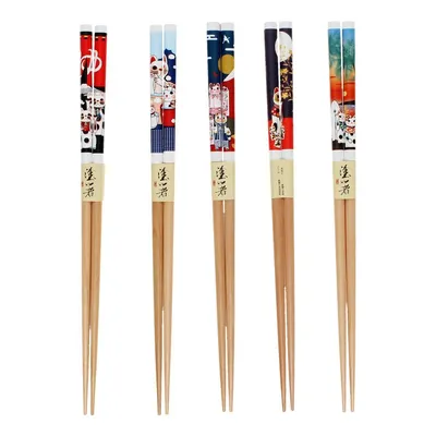 Set de bețe chinezești în culoare naturală din lemn 5 buc. Beckoning Cats – Rex London