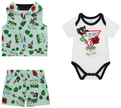 Set de 3 piese Guess - body, vestă și pantaloni scurți, verde, 3-6 luni