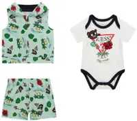 Set de 3 piese Guess - body, vestă și pantaloni scurți, verde, 3-6 luni