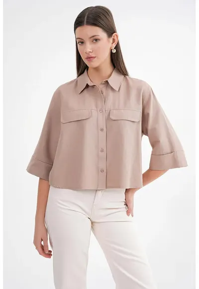 Camasa dama - scurta din poplin - bumbac - maro camel