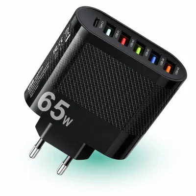Incarcator Retea Timebox, 6 Porturi, 65W, 1 x Type-C, 5 x USB, Negru - Default Title