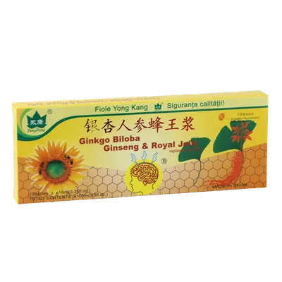Ginkgo Biloba, Ginseng si Royal Jelly, 10 fiole, Yongkang International