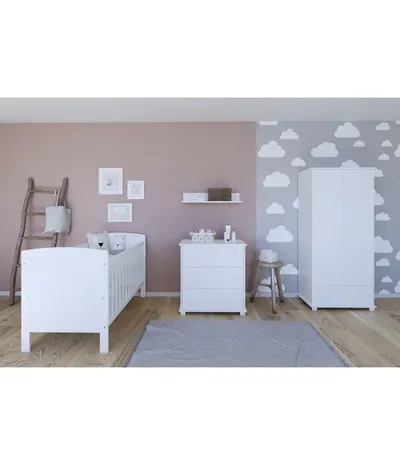Patut din lemn Nichiduta Philip Alb 120x60 cm cu laterala detasabila,Margine din silicon pentru protectie dintisori,Design elegant,Vopsele si materiale sigure,3 Nivele reglare somiera,Margini rotunjite