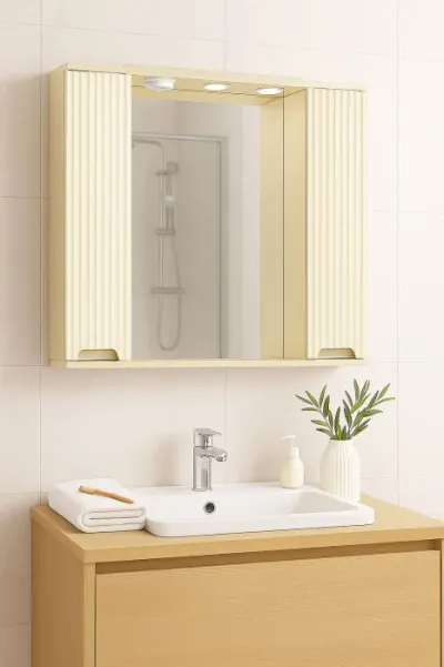 Dulap baie suspendat seria 033 cu oglinda, front MDF, montat, crem, 80x71 cm