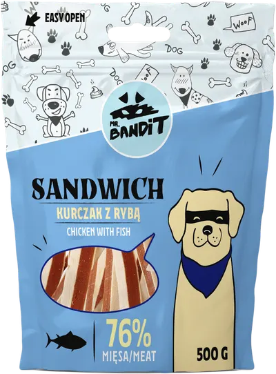 Recompense pentru caini Mr. Bandit SANDWICH, pui cu peste, 500g
