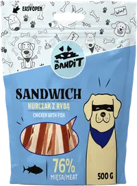 Recompense pentru caini Mr. Bandit SANDWICH, pui cu peste, 500g