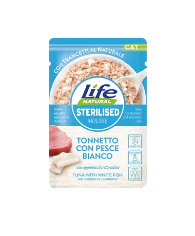 Hrana Umeda Pisici, Life Natural Sterilizat Mousse Ton si Peste Alb, 70 g