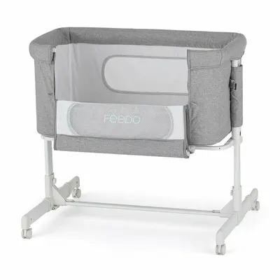Patut co-sleeper 2 in 1, Feedo, Pliabil, Reglabil in 5 pozitii, Cu laterala detasabila, Cu roti, Greutate maxima suportata 9 kg, 0-5 luni, Gri