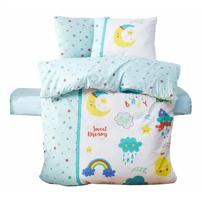 Lenjerie de pat pentru copii albă/verde-mentă din bumbac ranforcé pentru pătuț cu cearceaf inclus, cu 4 piese 100x150 cm – Mijolnir
