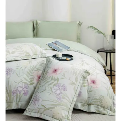 Lenjerie pat dublu, FINET DeLuxe, 6 piese, cu ELASTIC, Jojo Home, Cutie Eleganta, Vernil, Flori